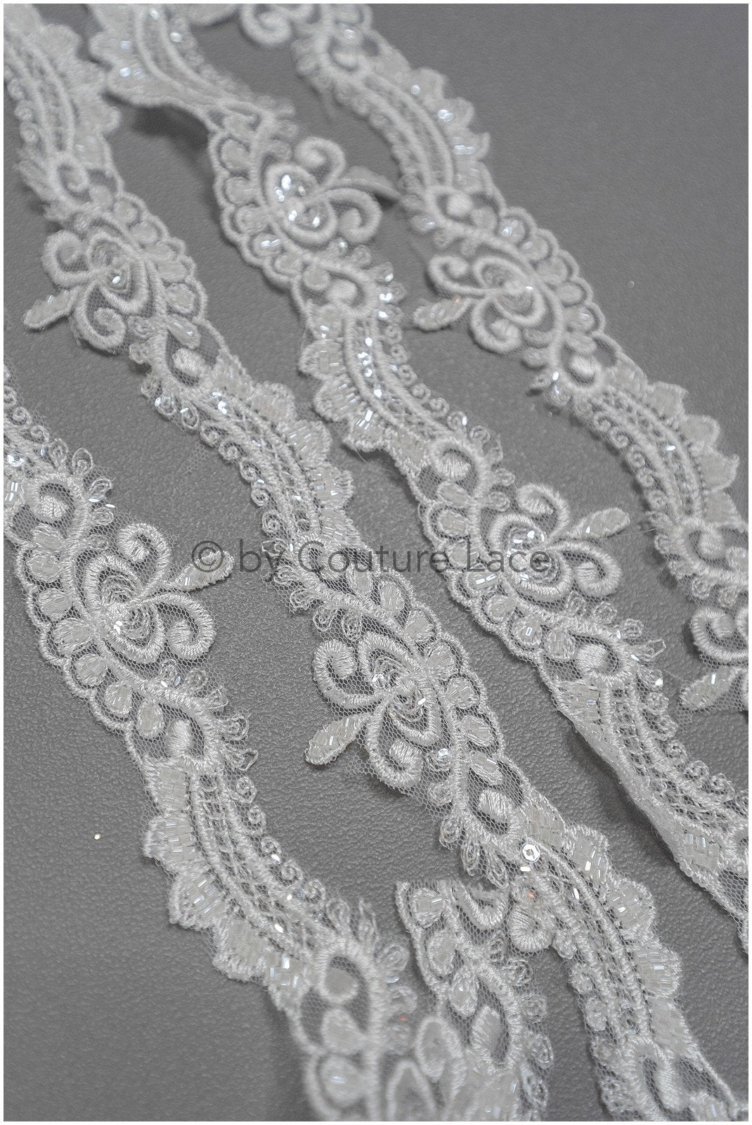 Off-white lace trim with pearls &amp; sequins/ pearl embroidered lace trim/ glitter rhinestone trim/ bridal veil lace trim// T20-089