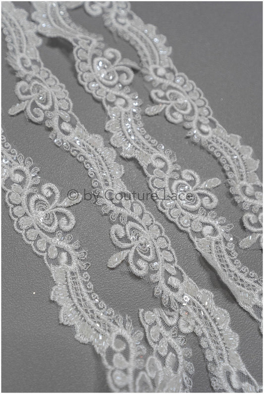 Off-white lace trim with pearls &amp; sequins/ pearl embroidered lace trim/ glitter rhinestone trim/ bridal veil lace trim// T20-089