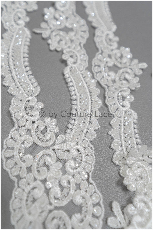 Beaded lace trim off-white/ glitter rhinestone trim/ heavy beaded lace trim for wedding dress// T20-088