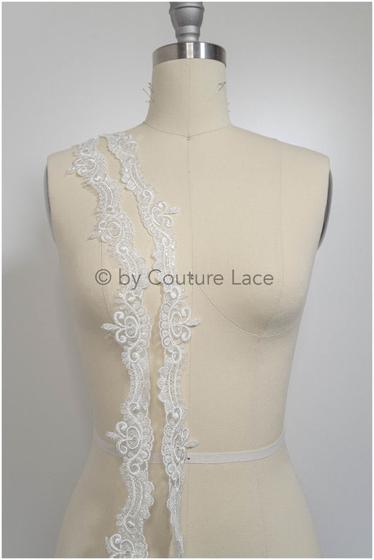 Off-white lace trim with pearls &amp; sequins/ pearl embroidered lace trim/ glitter rhinestone trim/ bridal veil lace trim// T20-089