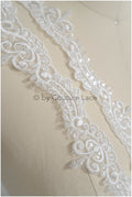Off-white lace trim with pearls &amp; sequins/ pearl embroidered lace trim/ glitter rhinestone trim/ bridal veil lace trim// T20-089
