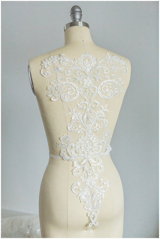 GROßE Schwere Perlen BrautApplikation - Venedig SpitzenPerlen Applikation große Größe, Luxus Hochzeit Appliqué, Illusion Back Applikation// A17-069