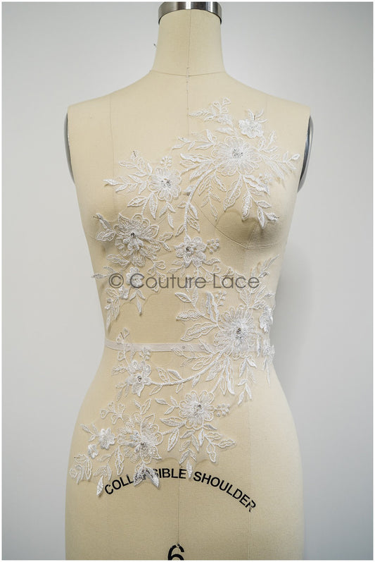 Handgestickte Florale Spitzenapplikation für Brautkleid, Blumenspitze Aufnäher, bestickte Spitzenapplikationen, kordelierte Spitzenapplikationen off-white// A21-199