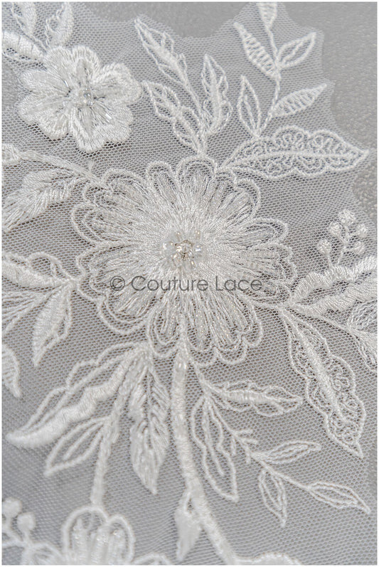 Handgestickte Florale Spitzenapplikation für Brautkleid, Blumenspitze Aufnäher, bestickte Spitzenapplikationen, kordelierte Spitzenapplikationen off-white// A21-199
