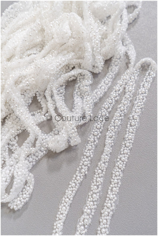 Bridal lace trim with pearls off-white/ lace trim with pearls/ bridal belt trim/ lace trim for wedding dress// T22-183